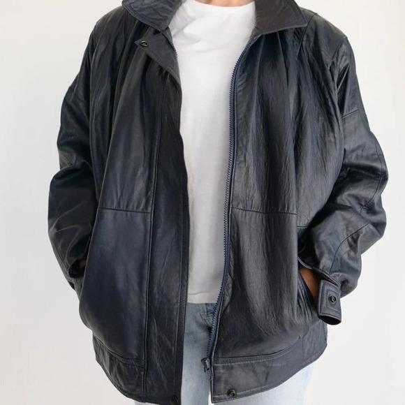 Vintage Old Mill Navy Leather Bomber Jacket L - Picture 1 of 13
